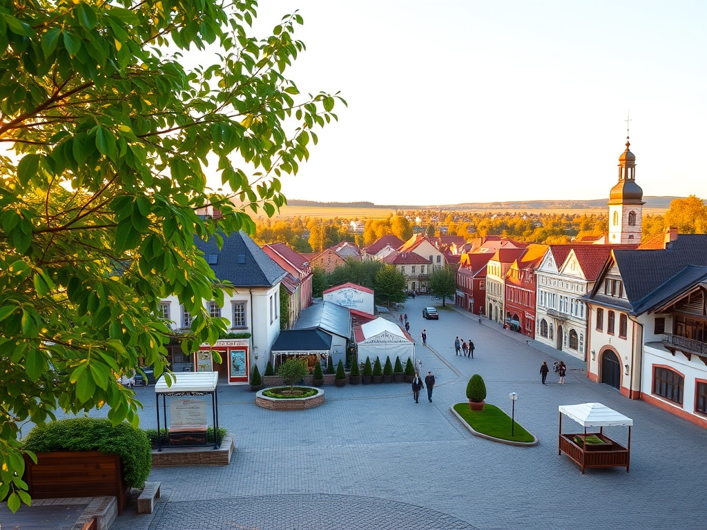 Uroczysty widok miasta Lubawa podczas majówki z mieszkańcami cieszącymi się pogodą i wydarzeniami.