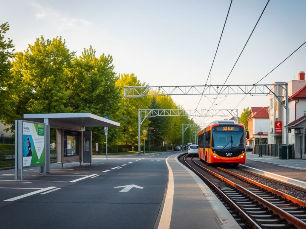 Miasto Lubawa z widocznymi znakami drogowymi wskazującymi na utrudnienia oraz pylące drzewa symbolizujące problem alergii.